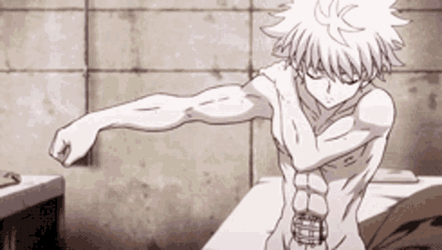 a shirtless anime character stretches his arm in a bathroom