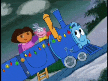 a cartoon of dora the explorer and her friends riding a blue train with christmas lights .