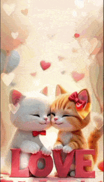 two kittens are kissing while holding the word love in their paws .