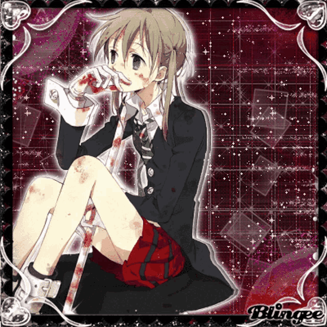 a picture of a girl with blood on her face and the word blingee on the bottom right