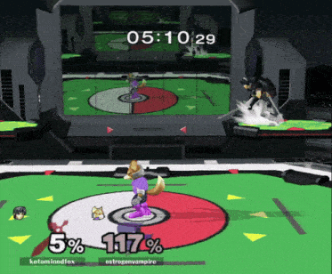 a screenshot of a video game shows a fox fighting a female vampire