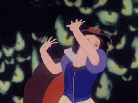 a cartoon of snow white is dancing in front of a glowing background