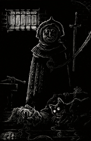 a black and white drawing of a man and a cat with a sword