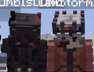 two minecraft characters are standing next to each other in front of a sign that says umoisullandmotorm
