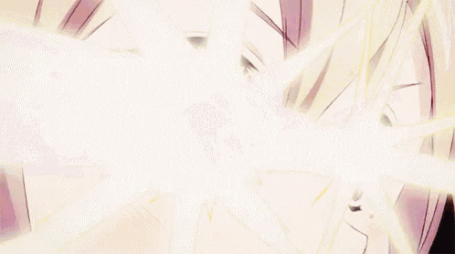 a close up of a blonde anime girl with a light shining through her eyes .