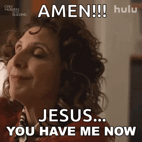 a woman with curly hair is saying amen jesus you have me now .