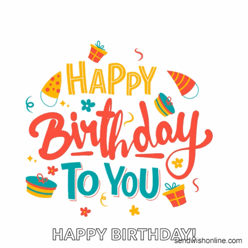 a happy birthday to you greeting card with gifts and party hats