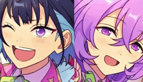 two anime characters with purple hair are smiling and looking at the camera