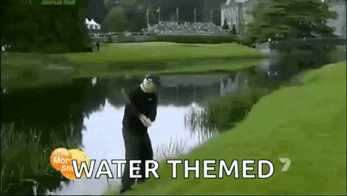 a man is swinging a golf club on a golf course with the words water themed behind him