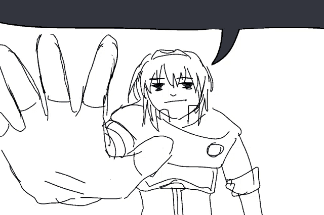 a black and white drawing of a person with a speech bubble above them