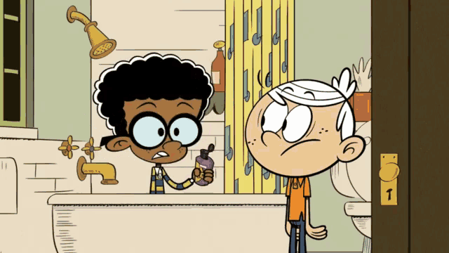 a cartoon of lincoln loud standing next to a boy holding a bottle