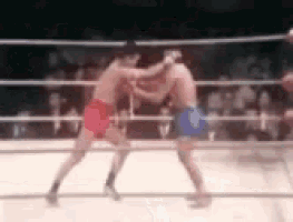 two men are boxing in a ring with a crowd watching .