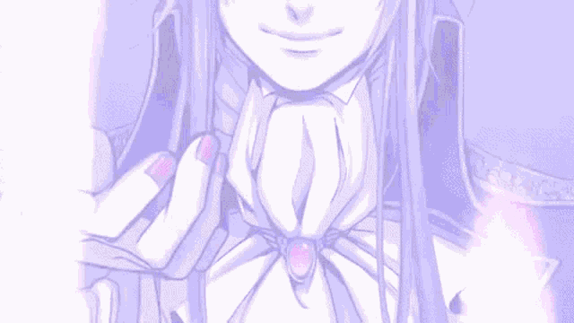 a girl with long purple hair is smiling and holding her hand out