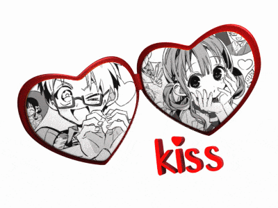 a couple of heart shaped frames with the word kiss on it