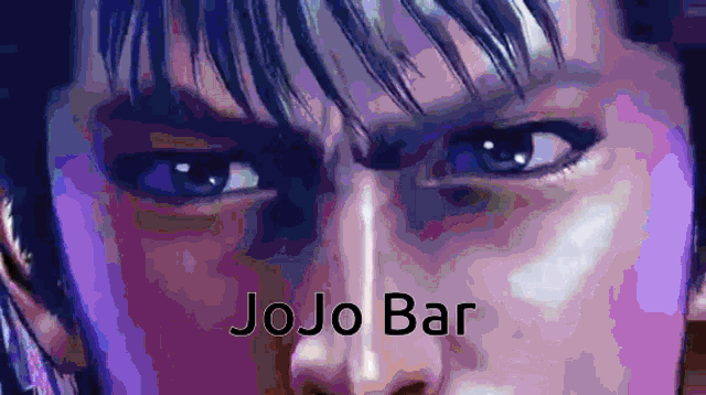 a close up of a man 's face with the words jojo bar written below it