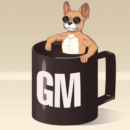 a dog is sticking its head out of a black mug that says gm