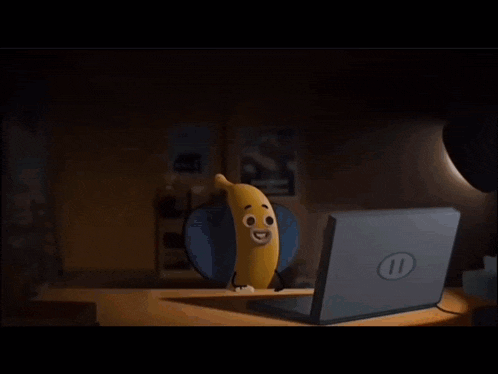 a cartoon banana is looking at a laptop screen that says bold bros on it