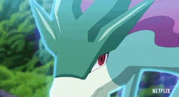 a close up of a blue and purple pokemon with netflix written on the bottom