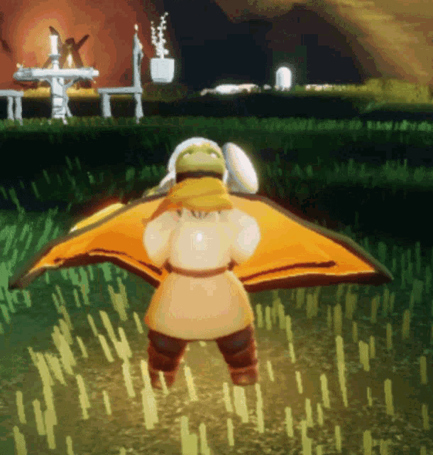 a cartoon character is standing in a field wearing a yellow hat