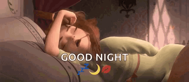 a cartoon of a girl sleeping with the words good night written above her