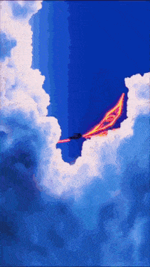 a painting of a plane flying through a blue sky