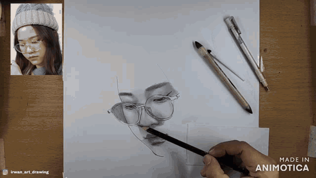 a drawing of a woman with glasses and a hat is made by animatica