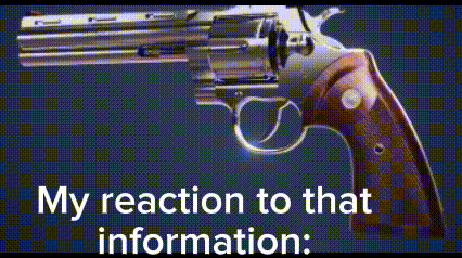 a close up of a revolver with the words `` my reaction to that information '' below it