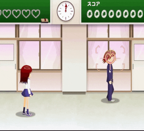 a girl and a boy are standing in front of a blackboard with hearts and a score of 000000