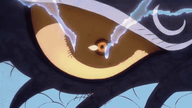 a close up of a monster 's eye with a crescent moon in the background