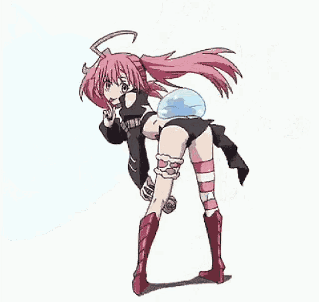 a girl with pink hair is screaming while standing next to a blue ball .