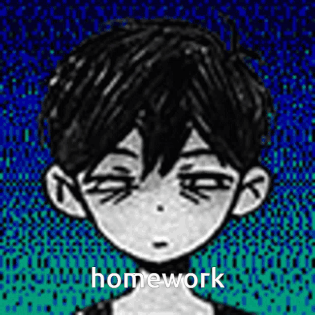 a black and white drawing of a boy 's face with the words `` homework '' written below it .