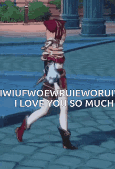 a girl in a video game is walking down a sidewalk and says `` i love you so much '' .