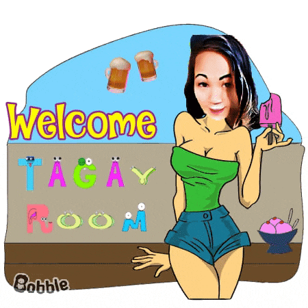 a cartoon of a woman standing in front of a sign that says " welcome tagay room "