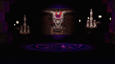 a dark room with a skull on the wall and a pentagram in the middle