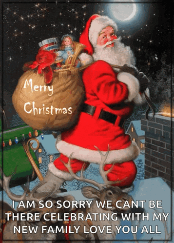 a merry christmas card with santa carrying a bag of gifts