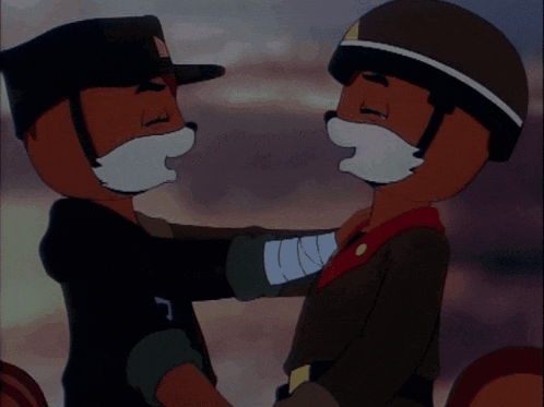 a couple of cartoon characters hugging each other with one wearing a helmet