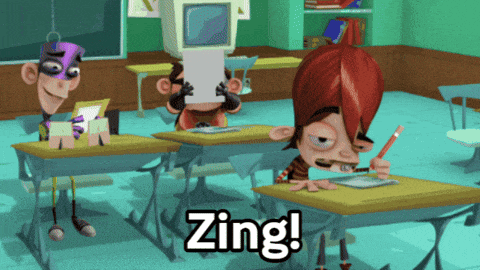 a cartoon character sitting at a desk with the word zing on the bottom