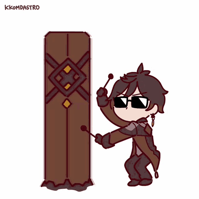 a cartoon of a man wearing sunglasses standing next to a wooden block with the name kkomdastro written below him
