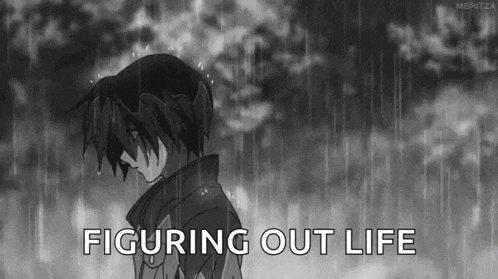 a black and white drawing of a boy standing in the rain with the words figuring out life below him .