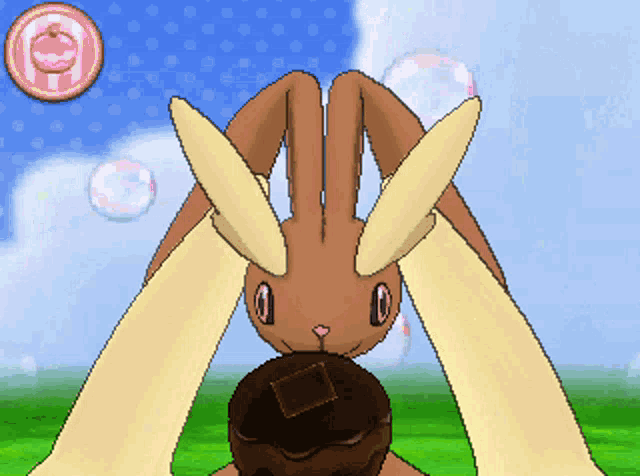 a video game screen shows a rabbit with long ears standing on a person 's head