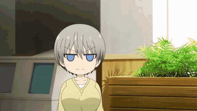 a girl with gray hair and blue eyes is standing in front of a plant