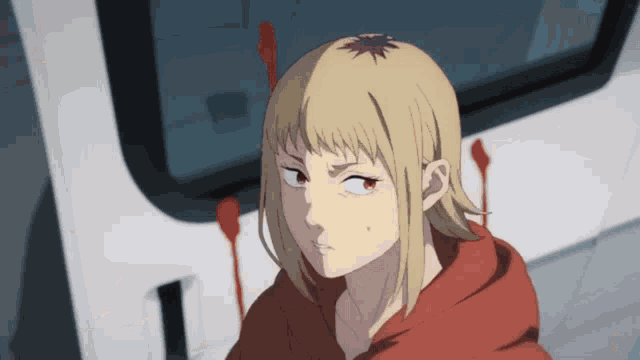 a girl with blonde hair and a red hood is looking at something