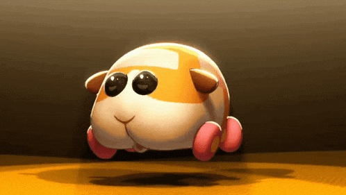 a cartoon guinea pig with pink wheels is walking on a yellow surface