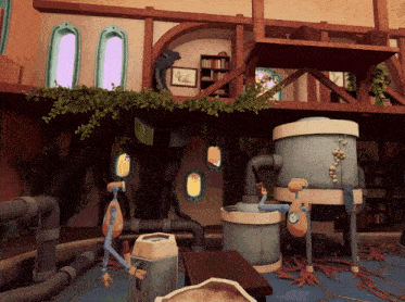 a cartoon drawing of a house with a clock on the wall
