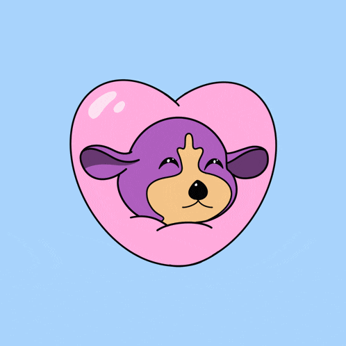 a purple dog giving the middle finger in a pink heart on a blue background