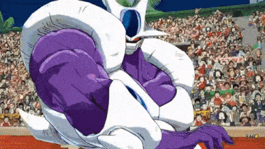 a purple and white cartoon character with the word sho on the bottom left
