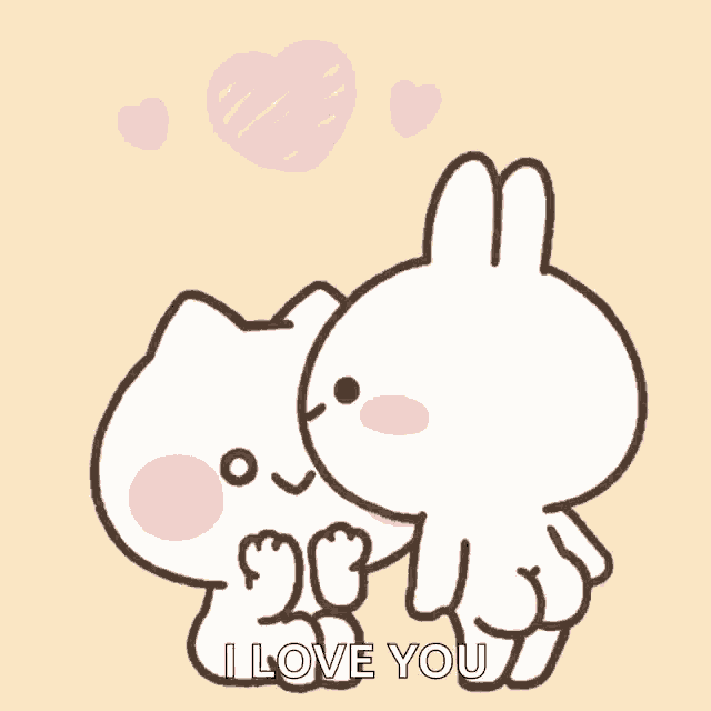 a cat and a bunny kissing with the words i love you written below them