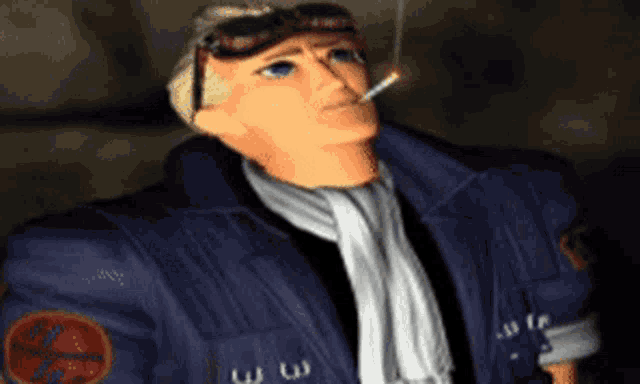 a man in a blue jacket is smoking a cigarette and has a patch on his jacket that says ' a ' on it