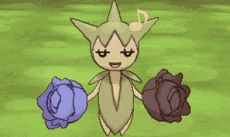 a cartoon character is holding two purple flowers
