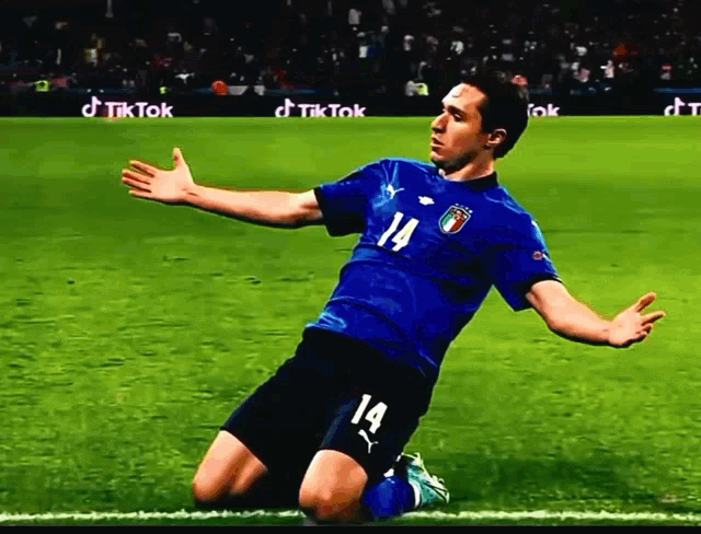 a soccer player in a blue shirt with the number 14 on it